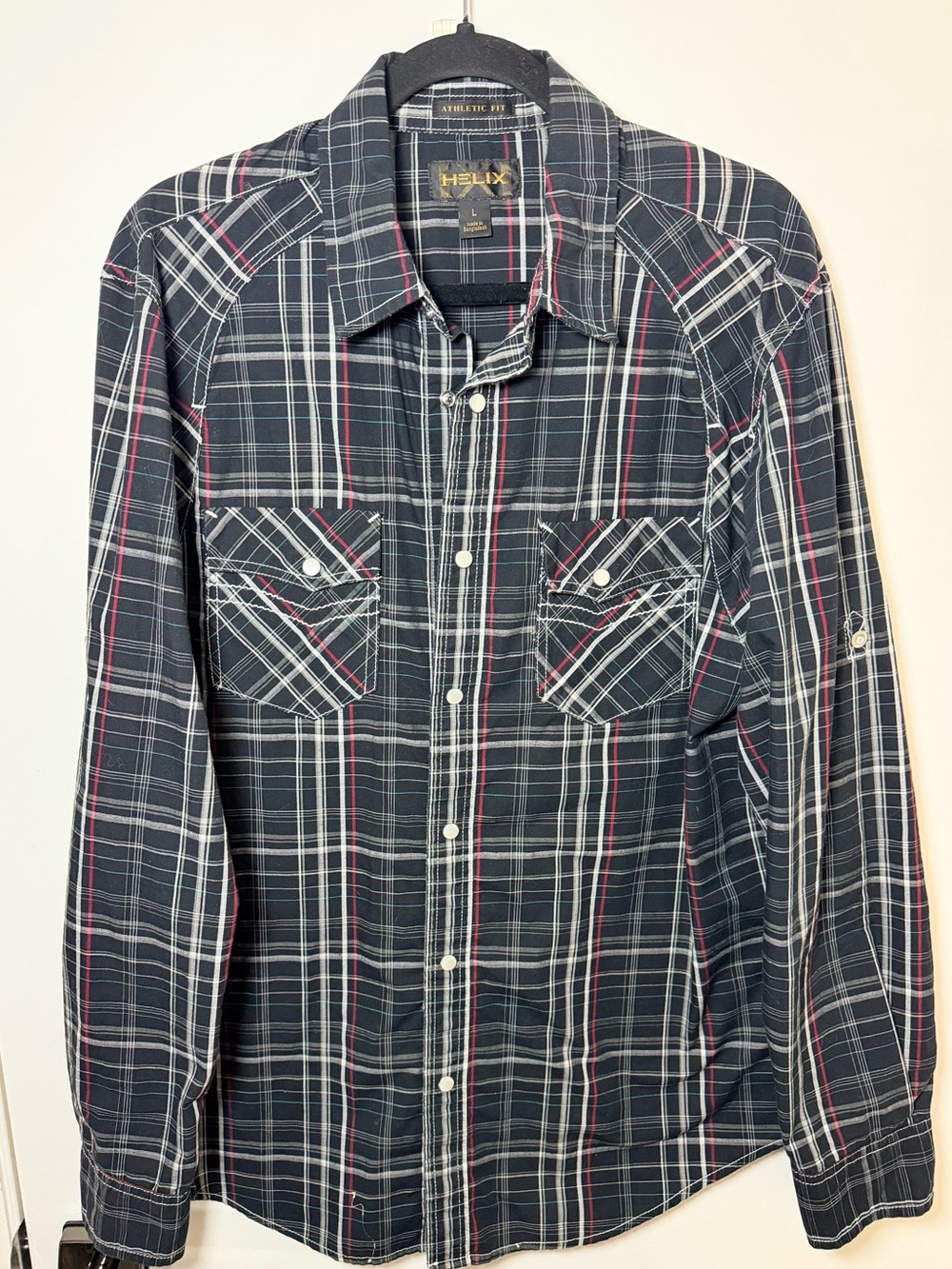 Helix Pearl Snap Western Plaid Shirt Mens Large Athletic Fit Black Red Long Slee